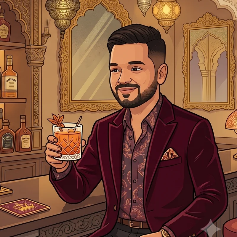 Illustration of Himanshu raising a cocktail at a palace bar