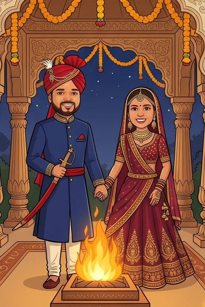Illustration of Himanshu and Priyanka at the sacred fire for the pheras