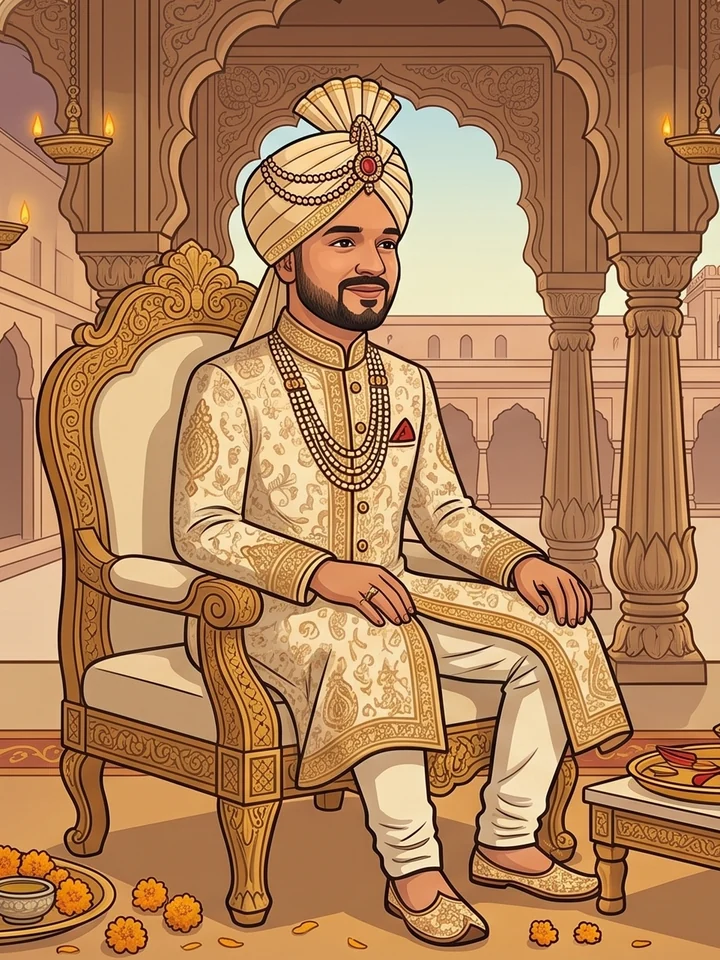 Illustration of Himanshu seated on a royal chair in a palace courtyard