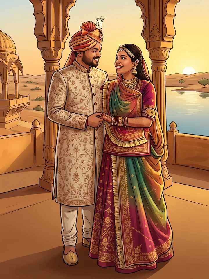 Illustration of Himanshu and Priyanka together in a palace pavilion at sunset